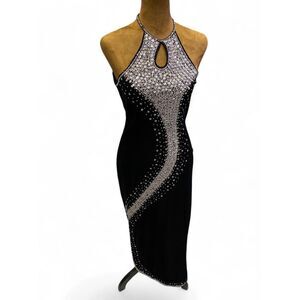 Glamour Velvet Formal Prom Halter Regency Rhinestone Embellished Maxi Dress